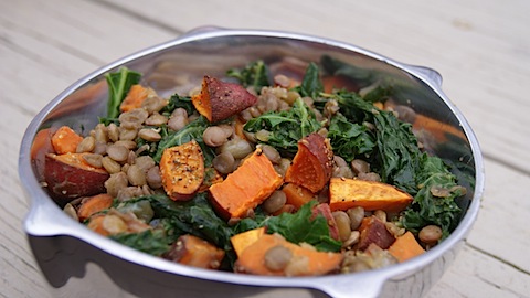 Lentils with Kale + Roasted Sweet Potatoes
